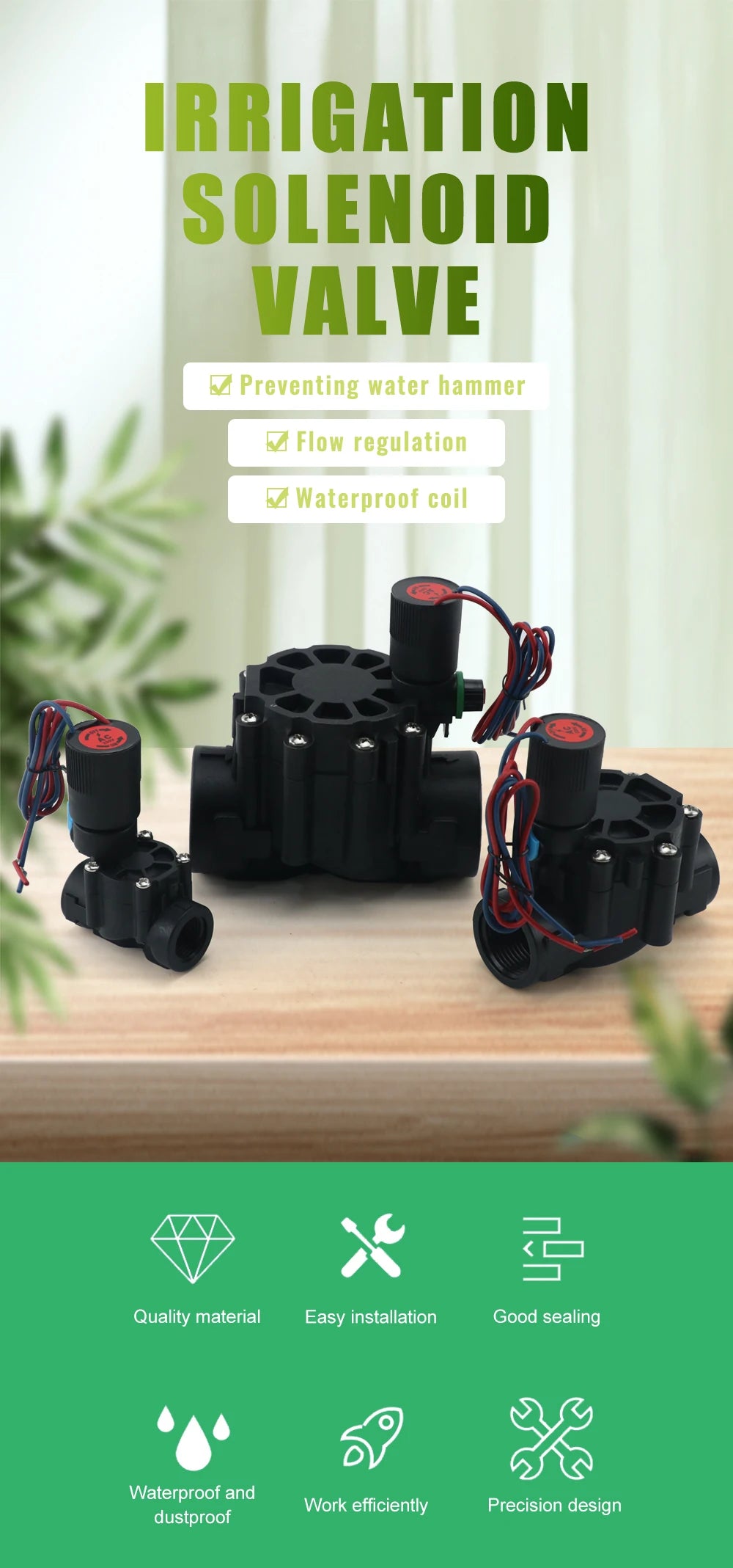 Electroválvula Solenoide Normalmente Cerrada DN15/DN20/DN25 (1/2"-1"), Nylon, 12VDC/220VAC, para Riego