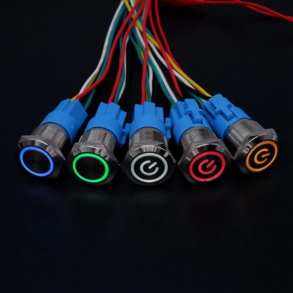 20pcs Metal Push Switch LED Light 16mm 19mm 22mm Momentary Latching With Socket Waterproof Button Car Start Switch 5V 12V 220V