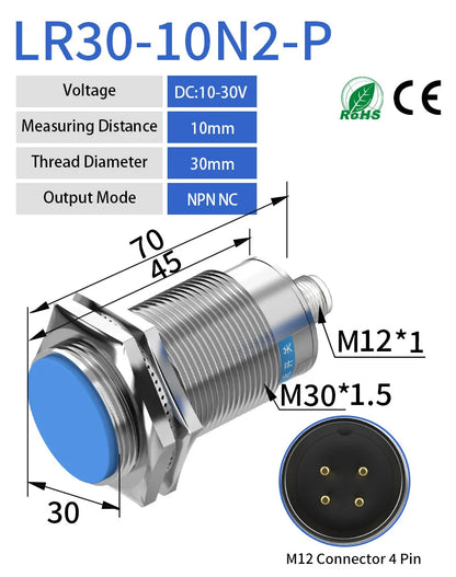 GTRIC Inductive Proximity Sensor M30 Series M12 4pins Plug-in Connector Type NPN PNP Flush Industrial Non-contact Metal Switch
