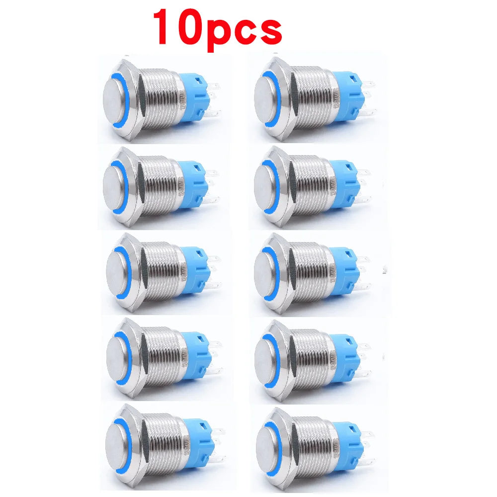 10pcs 16mm 19mm 22mm Metal Push Button Switch with Fixed PC Power Supply Switches Car Engine Momentary Latching LED 5v 12v 220v