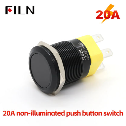 FILN IP67 22mm 20A Waterproof Metal Button Stainless Steel Push Button Switch 12V 24V 110V 220V High Current Flat Ring Round