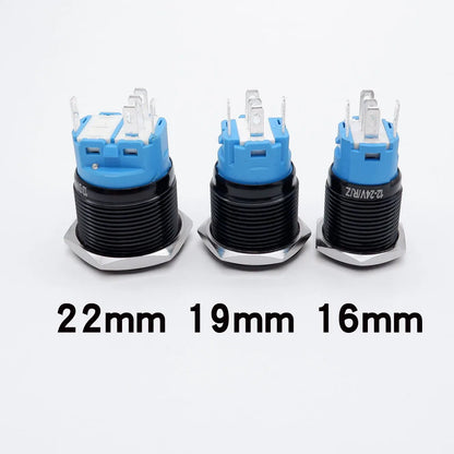 Botón Pulsador Metálico Negro (20 pzas) 16/19/22mm, Anillo LED, Momentáneo/Enclavable, 1NO, 5V-220V