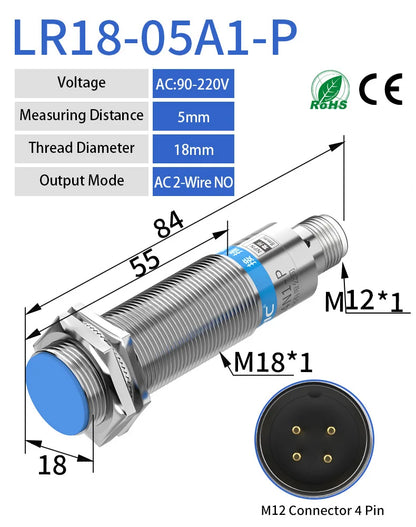 GTRIC M18 Connector Inductive Proximity Sensor NPN PNP M12 4Pins Plug-in Series Flush Distance 5mm 8mm 10-30V DC Metal Switch