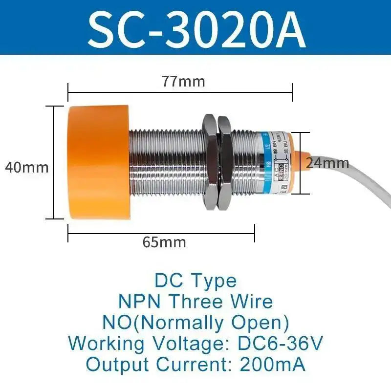Inductive Proximity Switch Sensor Waterproof SC-3020A Three Wire NPN Normally Open 24V DC M40 20mm