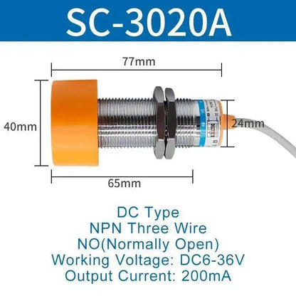 Inductive Proximity Switch Sensor Waterproof SC-3020A Three Wire NPN Normally Open 24V DC M40 20mm