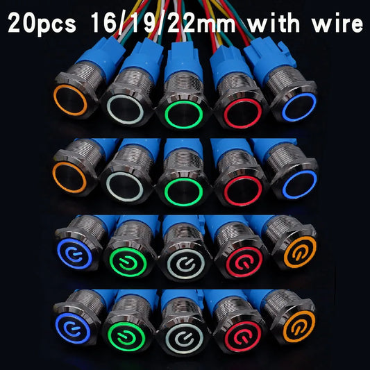 20pcs Metal Push Switch LED Light 16mm 19mm 22mm Momentary Latching With Socket Waterproof Button Car Start Switch 5V 12V 220V