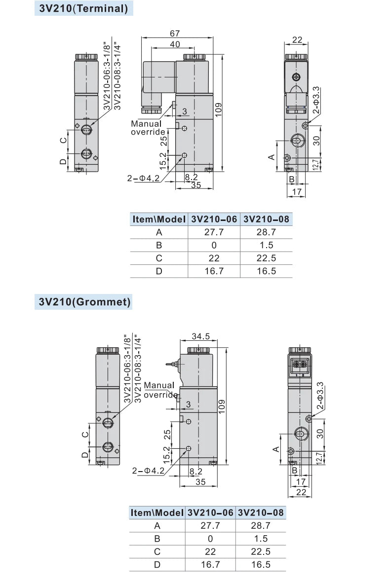 Pneumatic Solenoid Valve 3V210-08 DC12V DC24V AC110V AC220V 3 Way 2 Position Air Directional Control Valve  Gas Magnetic Valve