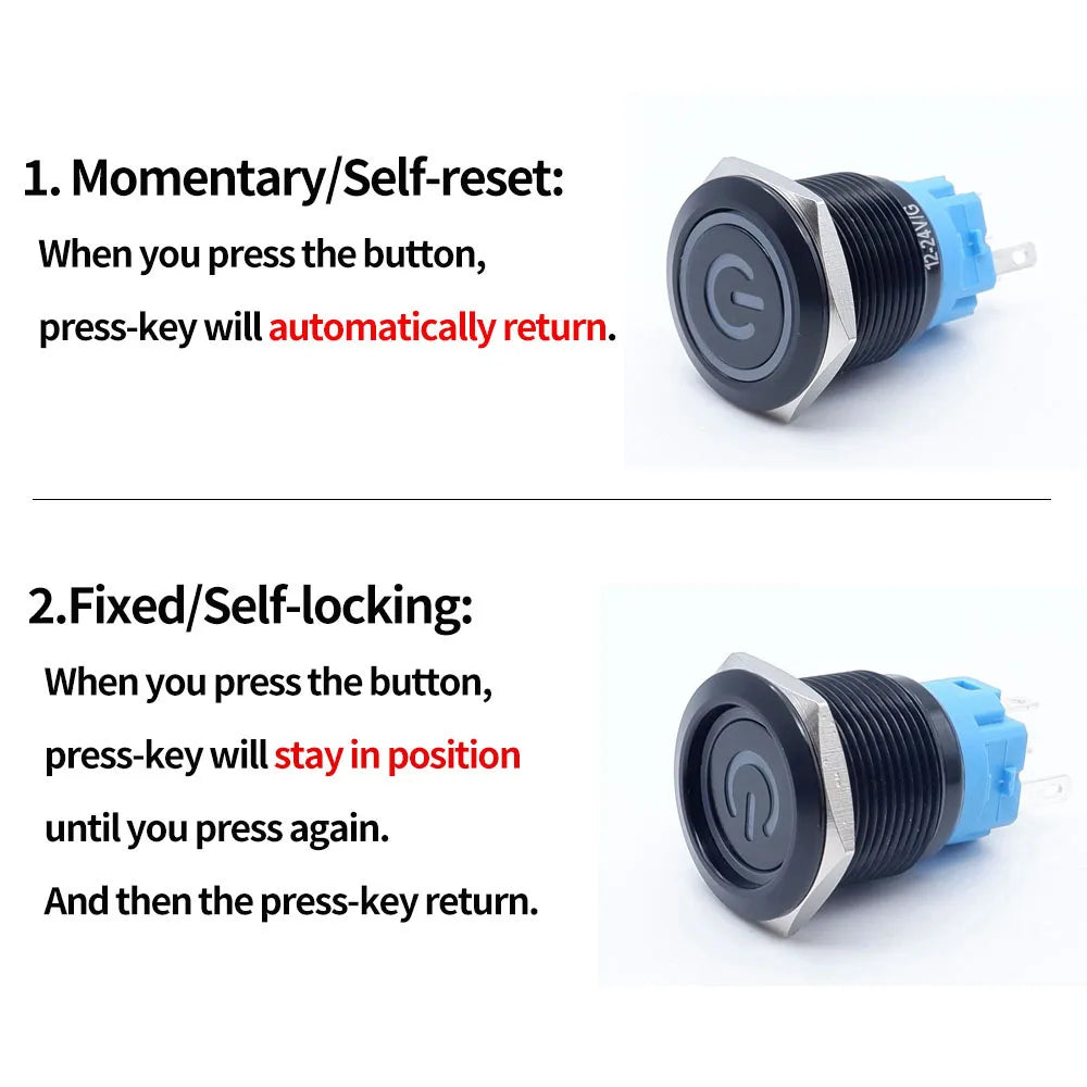 5pcs 16mm 19mm 22mm Metal Push Button Switch Momentary Latching Led Light Flat Head Red Blue Green Yellow White 5V 12V 24V 220V