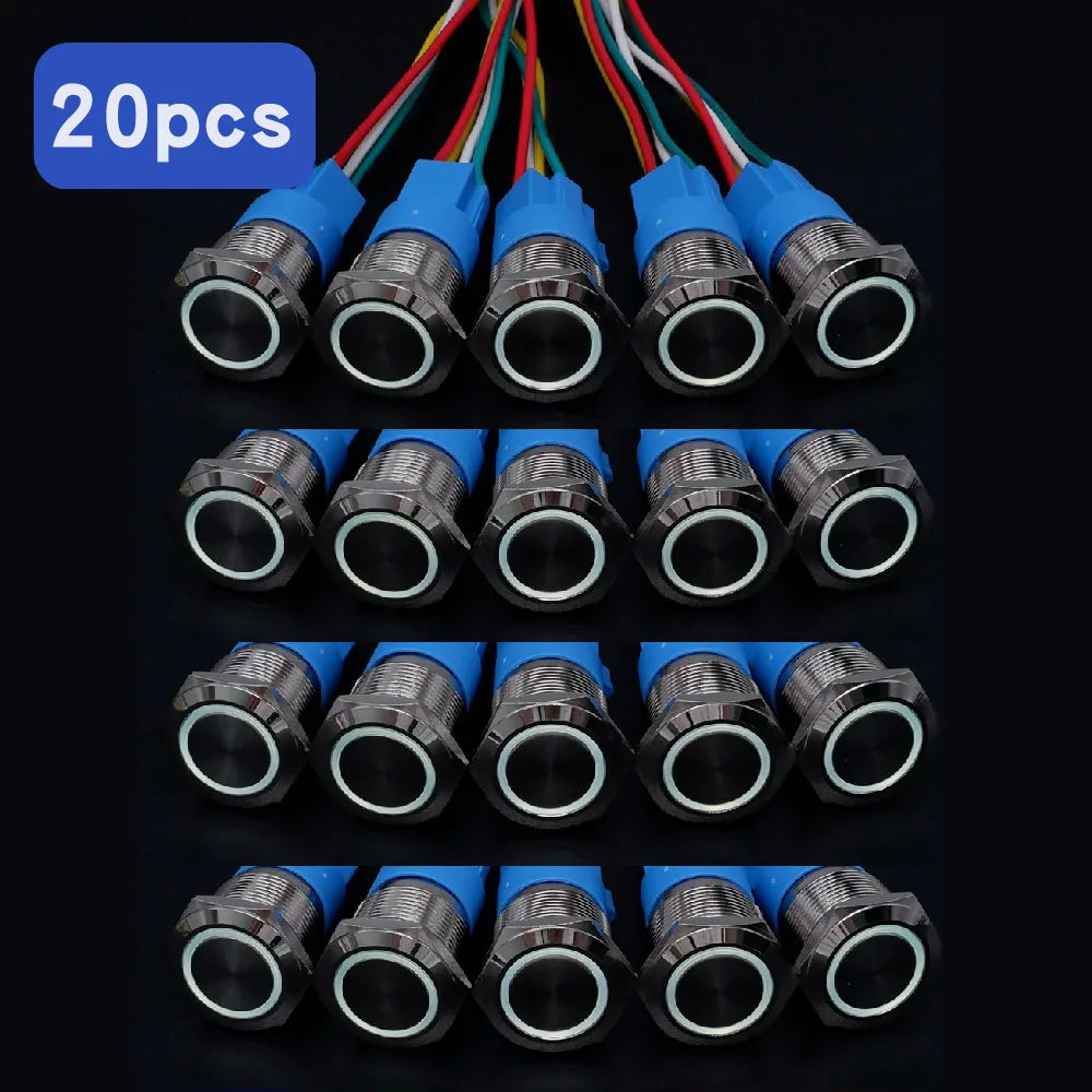 20pcs Metal Push Switch LED Light 16mm 19mm 22mm Momentary Latching With Socket Waterproof Button Car Start Switch 5V 12V 220V