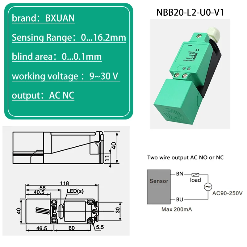 BXUAN Square inductive sensor with a detection distance of 20mm, three wire four wire output NPN PNP AC NO NC
