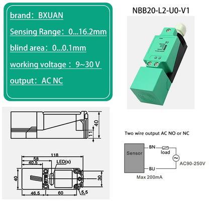 BXUAN Square inductive sensor with a detection distance of 20mm, three wire four wire output NPN PNP AC NO NC