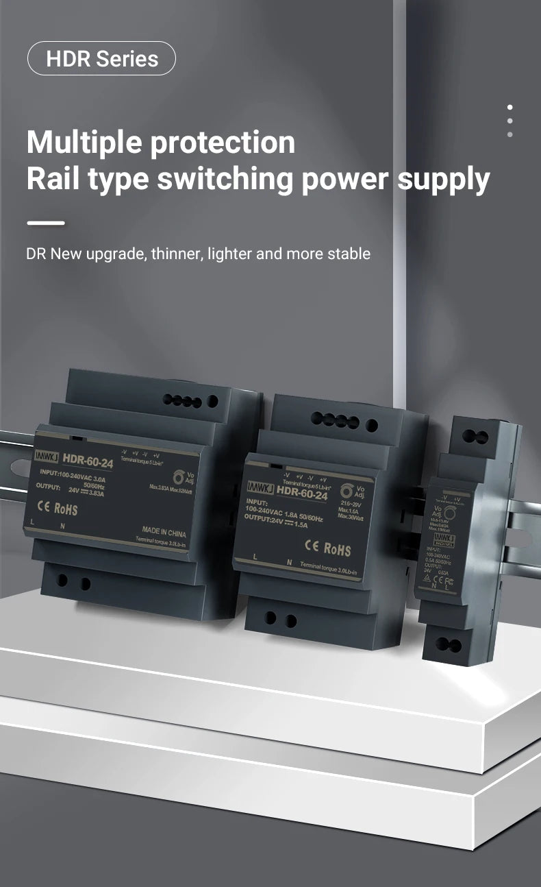 HDR-15 Series 15W Ultrathin Switching Power Supply with DC 5V/12V/24V/48V Outputs 100-240VAC Input DIN Rail Mounting