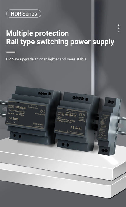 HDR-15 Series 15W Ultrathin Switching Power Supply with DC 5V/12V/24V/48V Outputs 100-240VAC Input DIN Rail Mounting