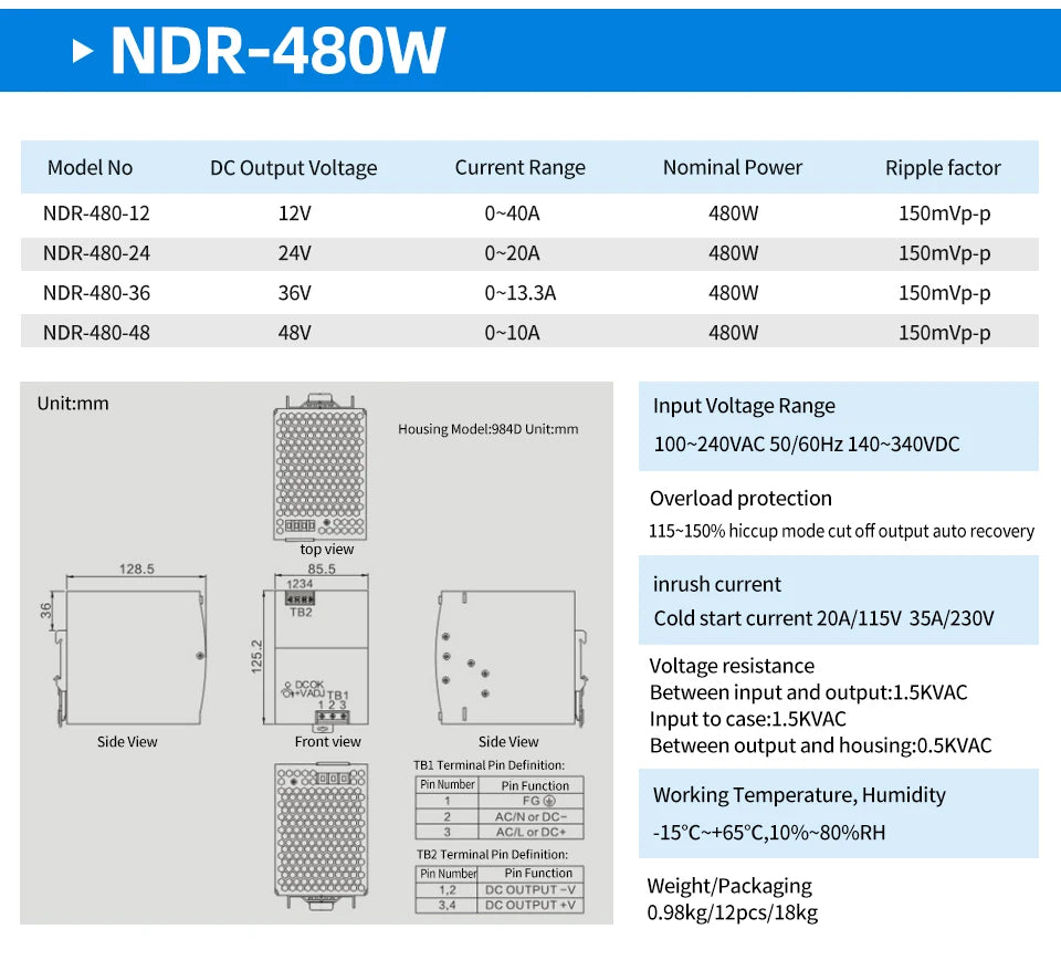 OMCH NDR Series 75/120/150/240/480W AC to DC Din-rail Switching Power Supply 100-240 or 200-240VAC Input 12V/24V/36V/48V Output