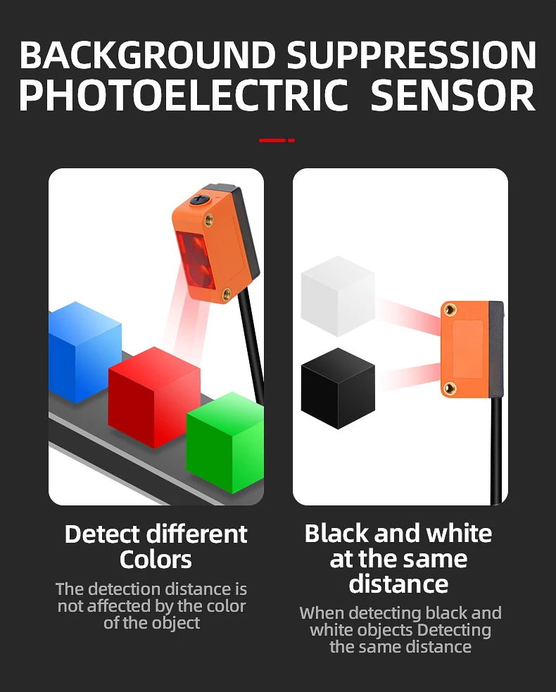 10-300mm Sensing Distance Infrared Diffuse Reflection BackgroundPNP/NPN NO/NC IP67 Optical Sensor DC10-30V Adjustable