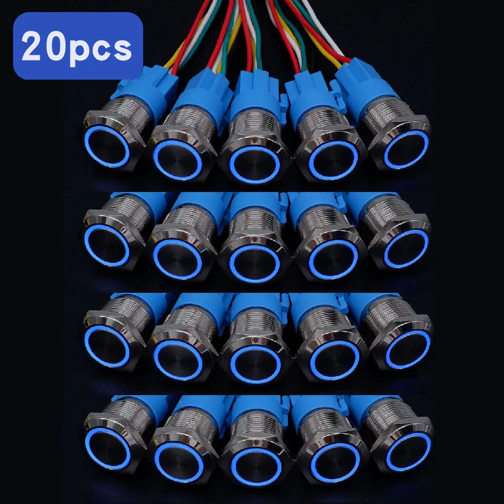 Botón Pulsador Metálico con Zócalo (20 pzas) 16/19/22mm, LED, Momentáneo/Enclavable, Impermeable, 5V-220V
