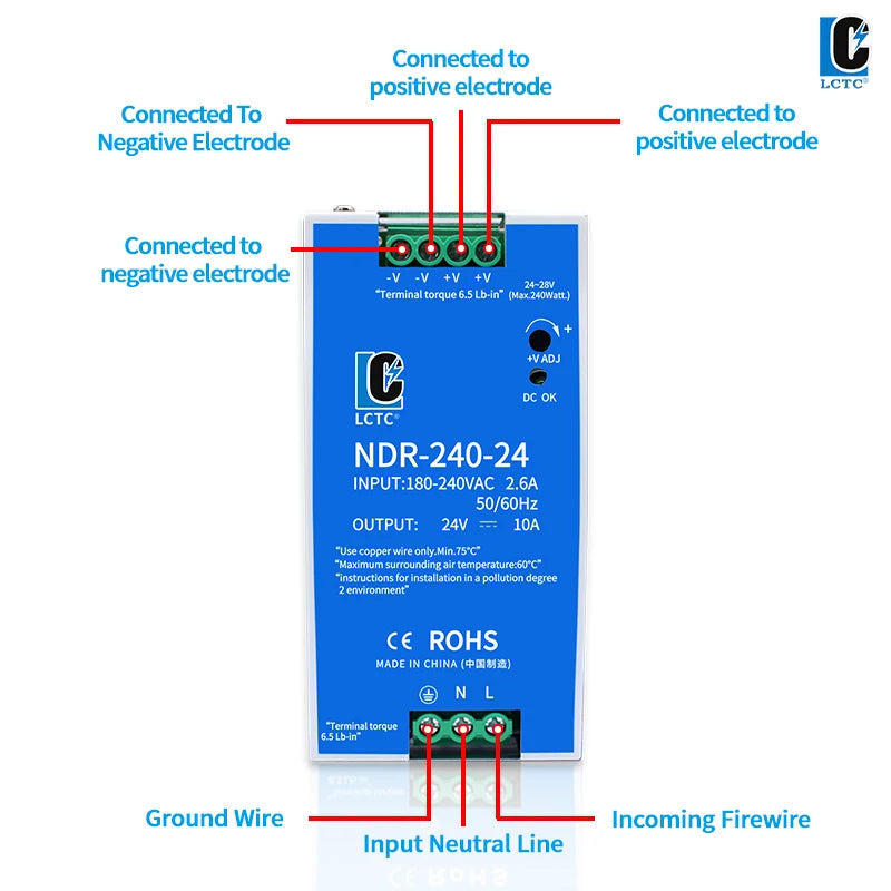 LCTC Switching Power Supply NDR-75W 120W 240W 480W Industrial DIN Rail 12V 24V 48V AC/DC Single Output Power Transformer