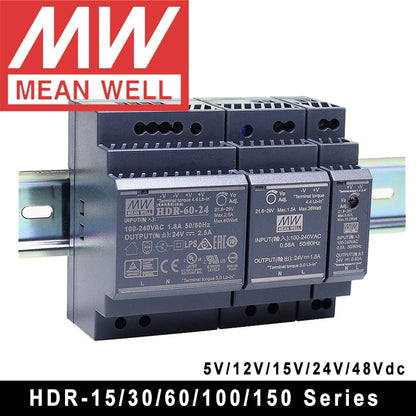Original Mean Well HDR-15 30 60 100 150 Series DC 5V 12V 15V 24V 48V Meanwell Ultra Slim Step Shape DIN Rail Power Supply