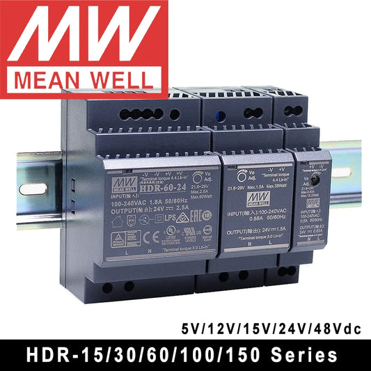 Original Mean Well HDR-15 30 60 100 150 Series DC 5V 12V 15V 24V 48V Meanwell Ultra Slim Step Shape DIN Rail Power Supply
