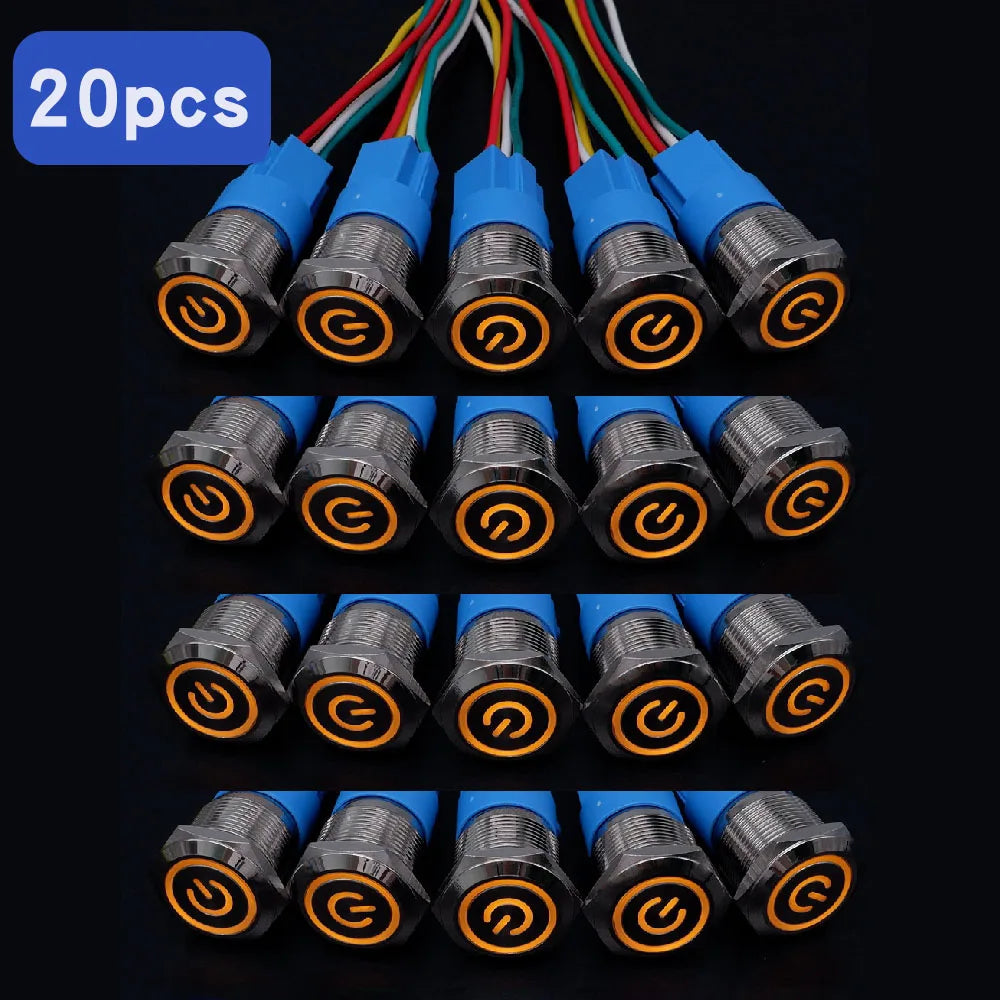 20pcs Metal Push Switch LED Light 16mm 19mm 22mm Momentary Latching With Socket Waterproof Button Car Start Switch 5V 12V 220V