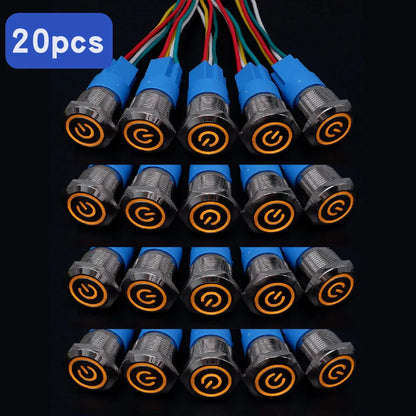 20pcs Metal Push Switch LED Light 16mm 19mm 22mm Momentary Latching With Socket Waterproof Button Car Start Switch 5V 12V 220V