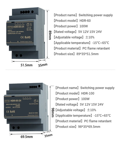 HDR-15 Series 15W Ultrathin Switching Power Supply with DC 5V/12V/24V/48V Outputs 100-240VAC Input DIN Rail Mounting