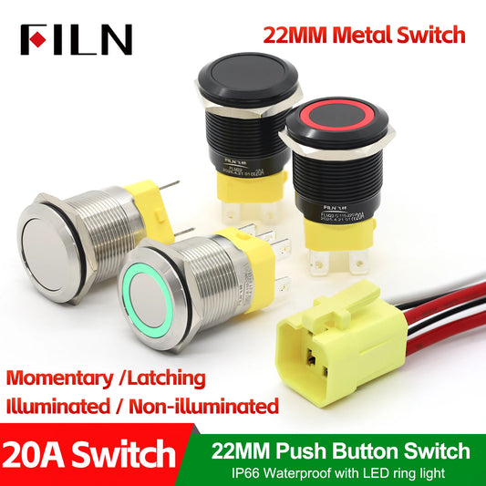 FILN IP67 22mm 20A Waterproof Metal Button Stainless Steel Push Button Switch 12V 24V 110V 220V High Current Flat Ring Round