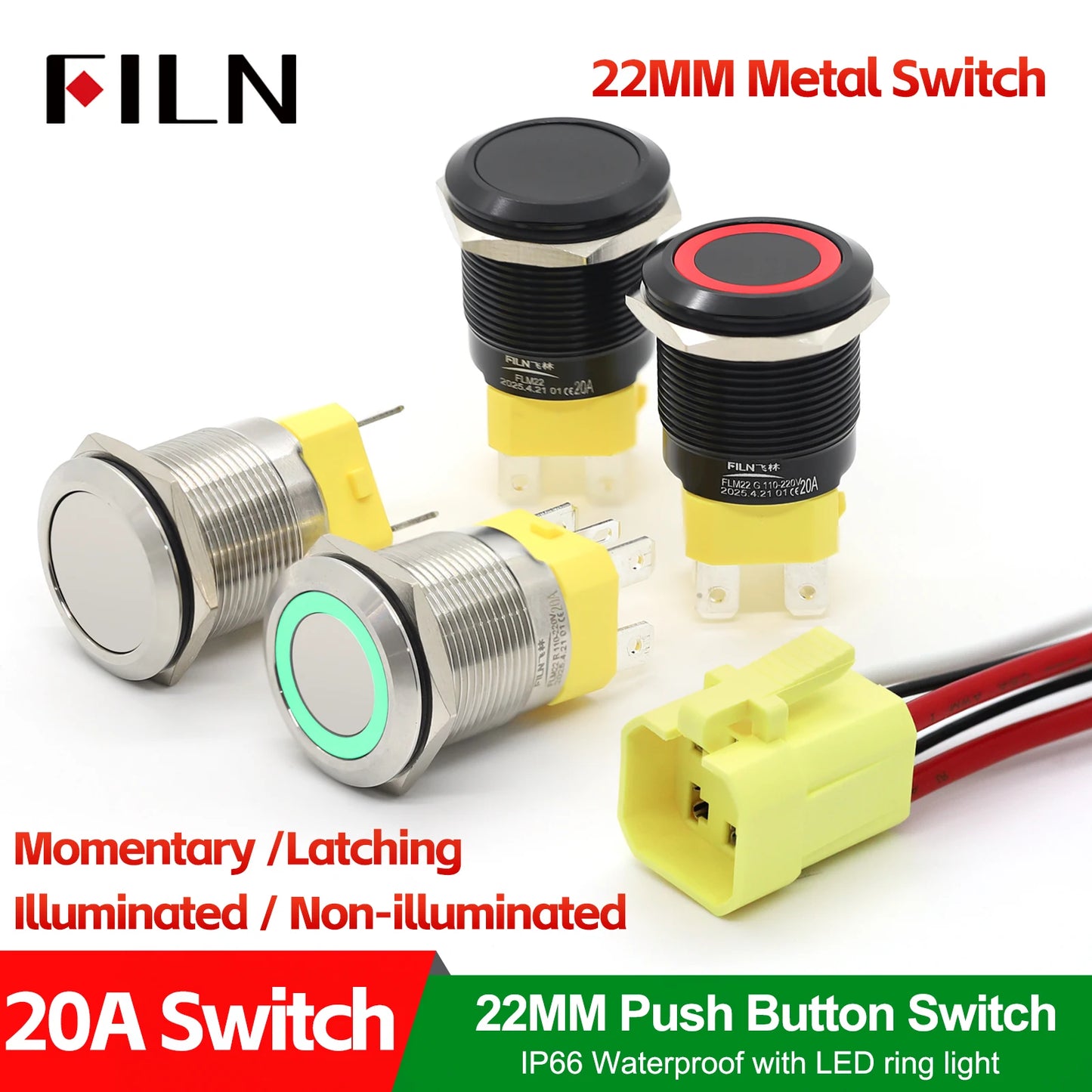 FILN IP67 22mm 20A Waterproof Metal Button Stainless Steel Push Button Switch 12V 24V 110V 220V High Current Flat Ring Round