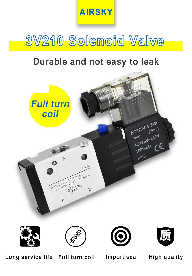 Pneumatic Solenoid Valve 3V210-08 DC12V DC24V AC110V AC220V 3 Way 2 Position Air Directional Control Valve  Gas Magnetic Valve