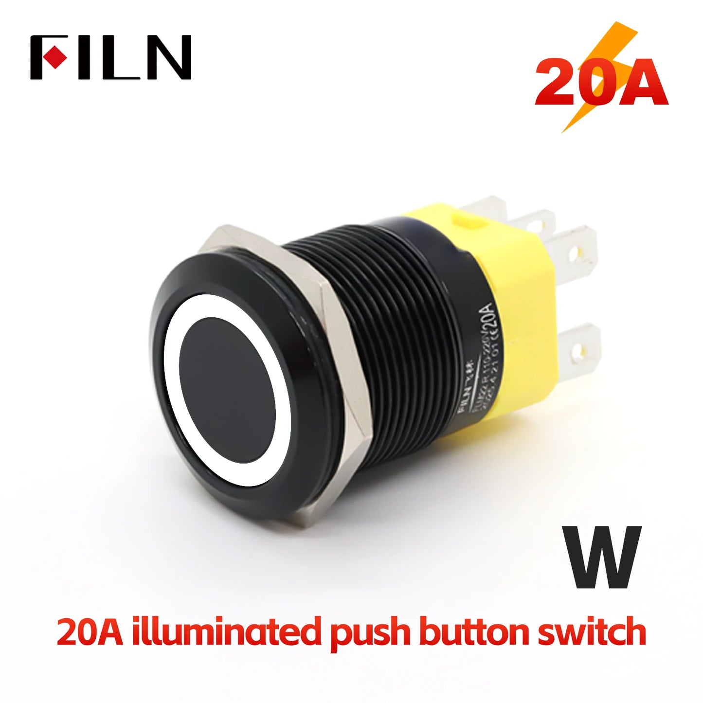 FILN IP67 22mm 20A Waterproof Metal Button Stainless Steel Push Button Switch 12V 24V 110V 220V High Current Flat Ring Round