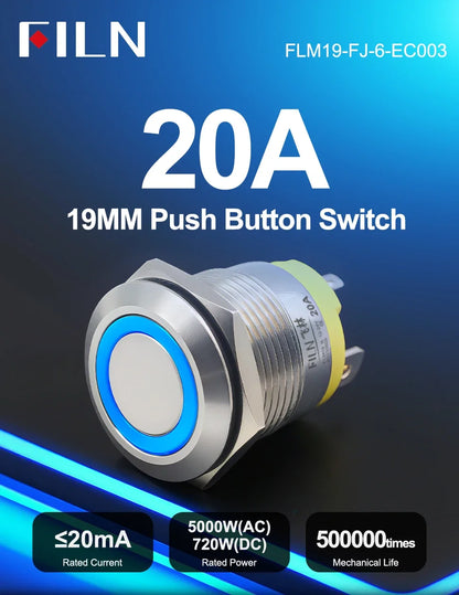 FILN IP67 22mm 20A Waterproof Metal Button Stainless Steel Push Button Switch 12V 24V 110V 220V High Current Flat Ring Round