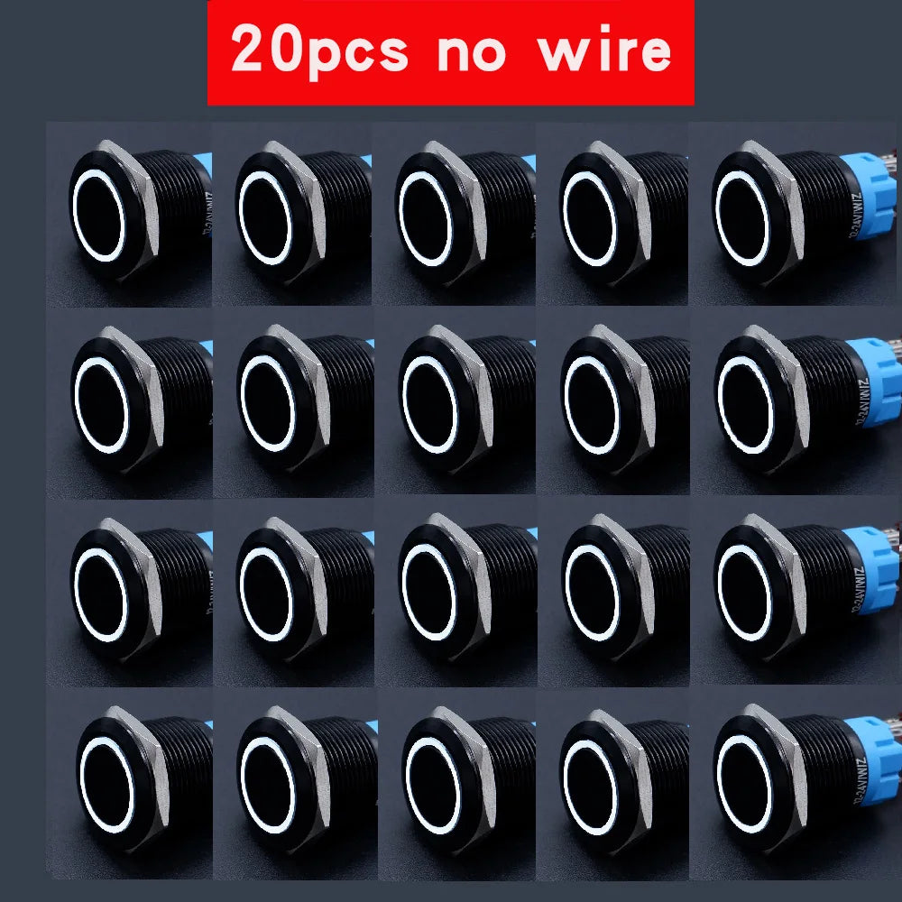 20pcs 16mm 19mm 22mm Metal Push Button Switch LED Ring Power Light Momentary Latching Waterproof  5V 12V 24V 220V Black 1NO1NO