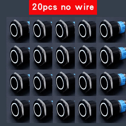 20pcs 16mm 19mm 22mm Metal Push Button Switch LED Ring Power Light Momentary Latching Waterproof  5V 12V 24V 220V Black 1NO1NO