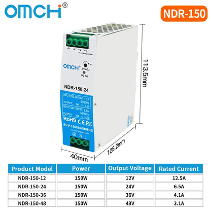 OMCH NDR Series 75/120/150/240/480W AC to DC Din-rail Switching Power Supply 100-240 or 200-240VAC Input 12V/24V/36V/48V Output