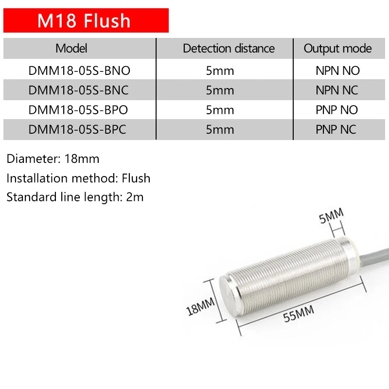 M18 all-metal sensing surface proximity switch sensor three-wire 24V stainless steel integrated pipe piece NPN open type PNP