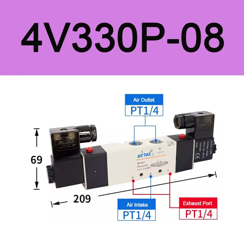 AirTAC 4V130C-06 4V230C-08 4V330C-10 4V430C-15 Pneumatic Air Solenoid Valve 5 Port 3 Position Way Reversing  12V 24V 110V 220V