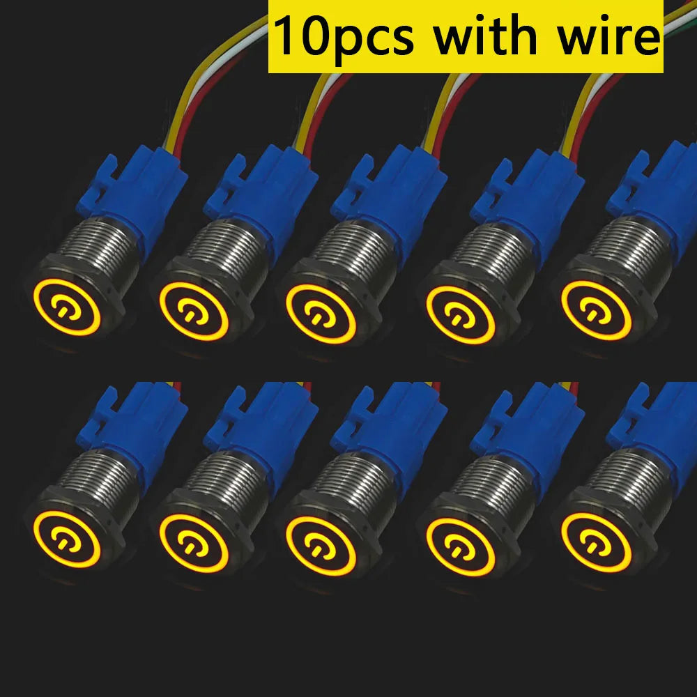 10pcs Momentary Switch 12v Metal Push Button Latching 16mm 19mm 22mm Red Blue LED Light Start Stop PC Power 3v 5v 6v 24v 220v