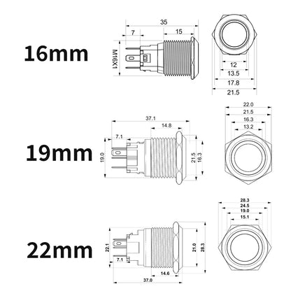 20pcs Metal Push Switch LED Light 16mm 19mm 22mm Momentary Latching With Socket Waterproof Button Car Start Switch 5V 12V 220V