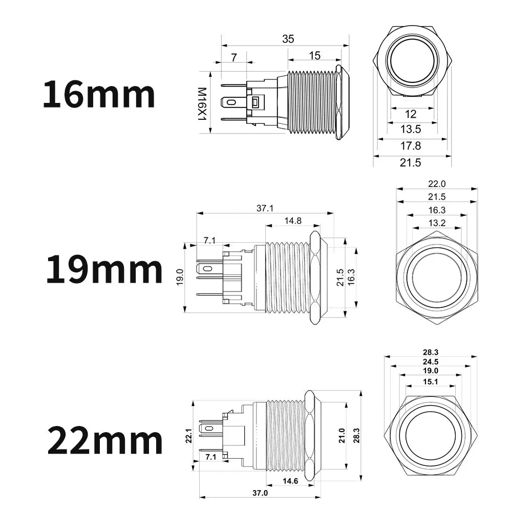 20pcs Metal Push Switch LED Light 16mm 19mm 22mm Momentary Latching With Socket Waterproof Button Car Start Switch 5V 12V 220V