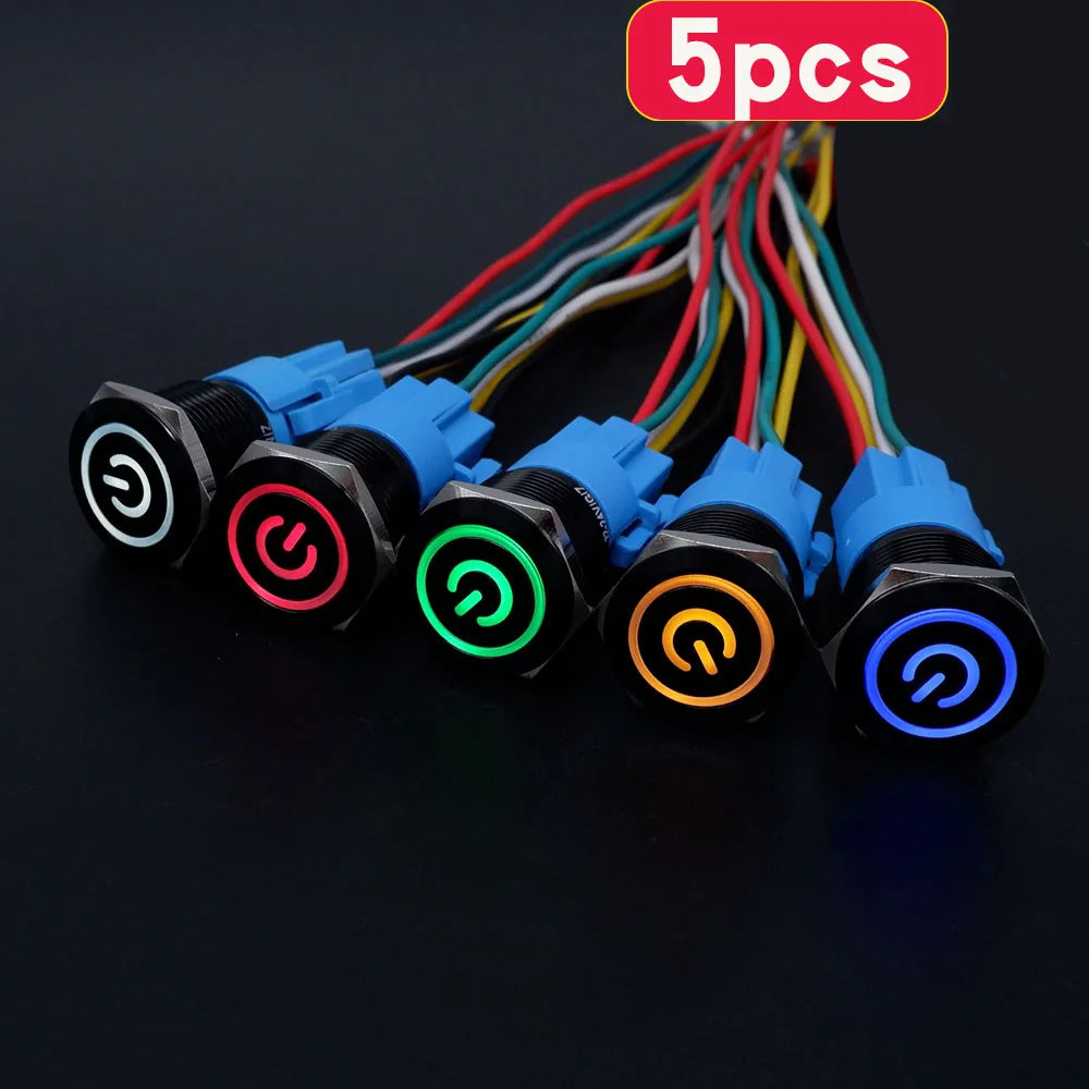 5pcs 16mm 19mm 22mm Metal Push Button Switch Momentary Latching Led Light Flat Head Red Blue Green Yellow White 5V 12V 24V 220V