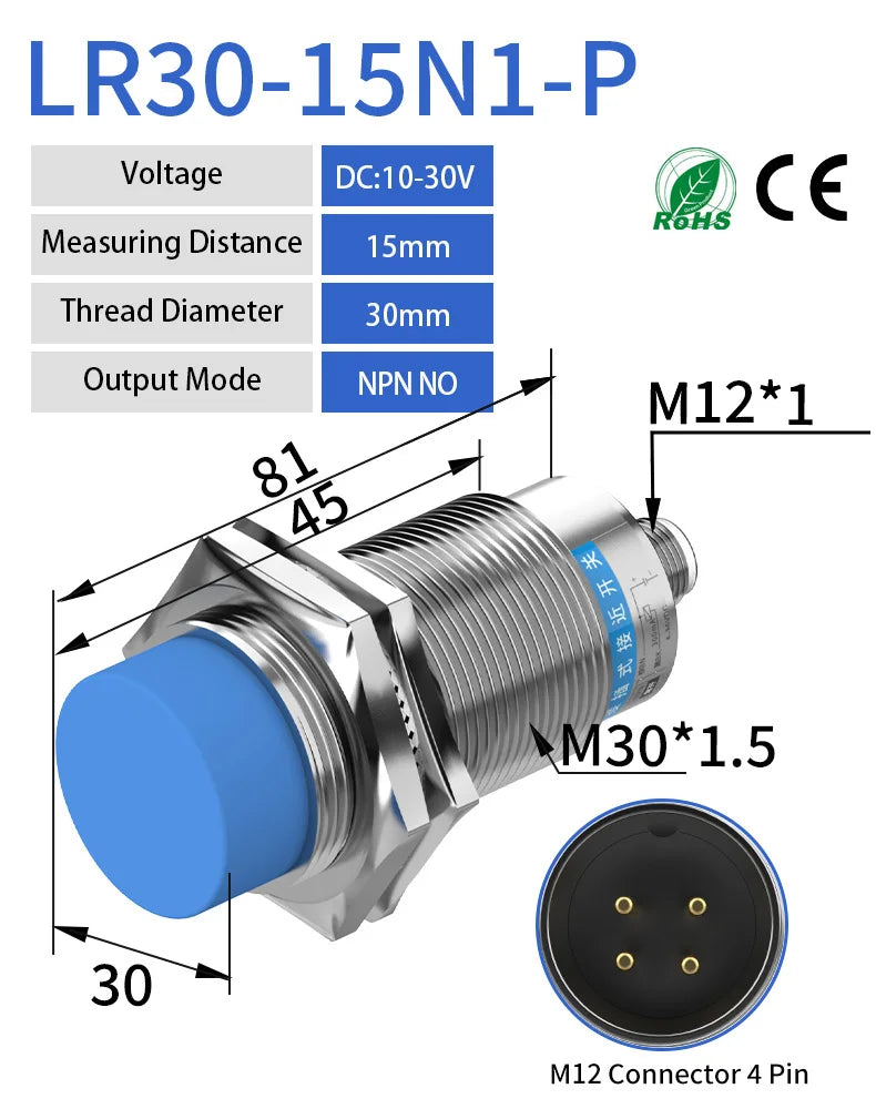 GTRIC M30 Connector Inductive Proximity Sensor M12 4pins Plug-in Flush Non-Flush Industrial Non-contact Metal Switch NPN PNP