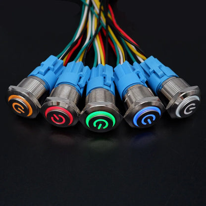 Botón Pulsador Metálico (10 pzas) 16/19/22mm, LED, Momentáneo/Enclavable, 5V/12V/220V