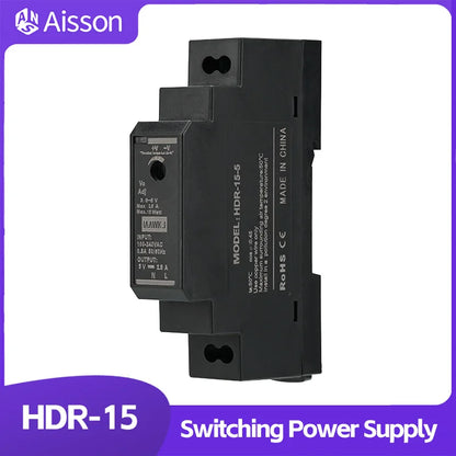 HDR-15 Series 15W Ultrathin Switching Power Supply with DC 5V/12V/24V/48V Outputs 100-240VAC Input DIN Rail Mounting