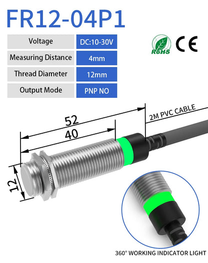 GTRIC Long Distance Inductive Sensor Metal Proximity Switch M12 NPN PNP NO NC 10-30V DC Flush Non-Flush Sensing Range 4mm 8mm