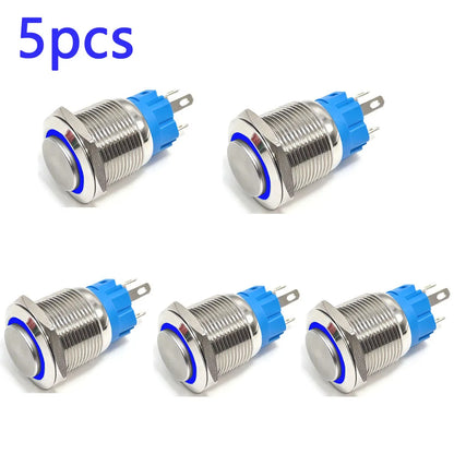 Botón Pulsador Metálico (5 pzas) 16/19/22mm, Momentáneo/Enclavable, Anillo LED, 5V-220V, Impermeable
