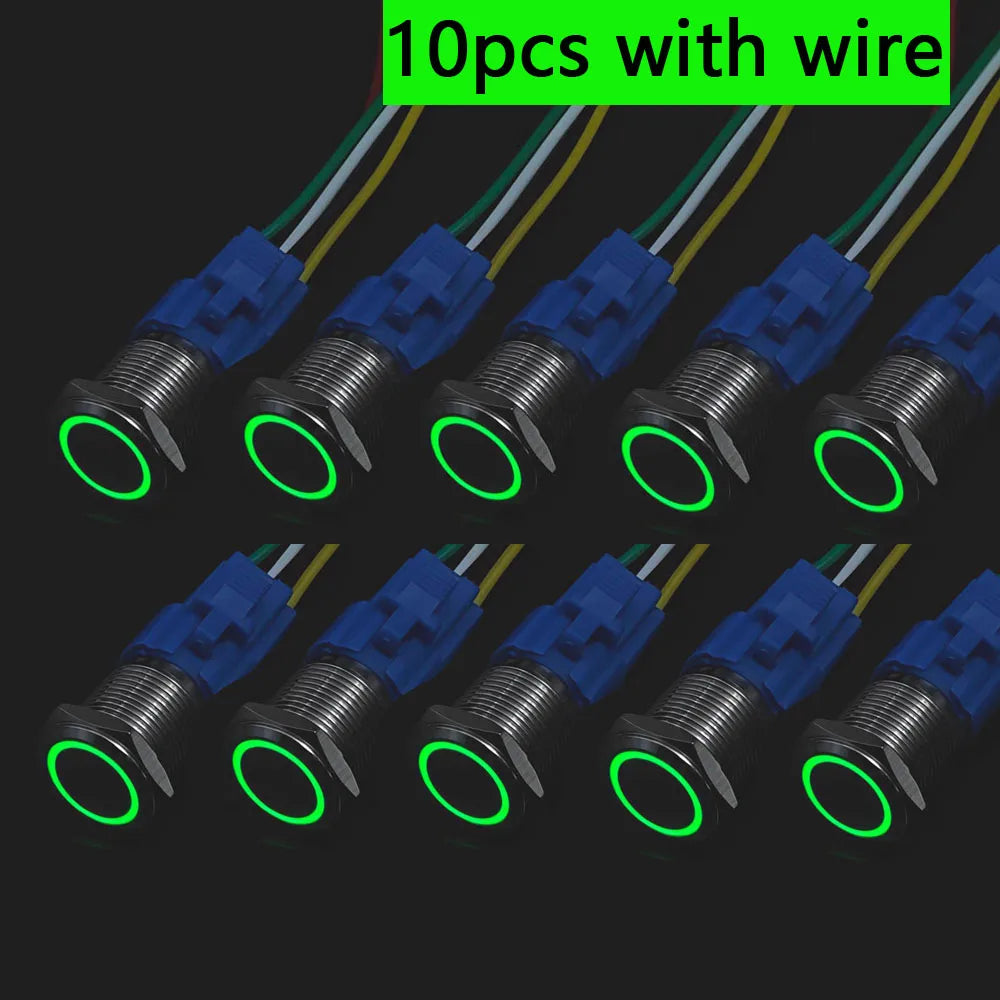 10pcs Momentary Switch 12v Metal Push Button Latching 16mm 19mm 22mm Red Blue LED Light Start Stop PC Power 3v 5v 6v 24v 220v