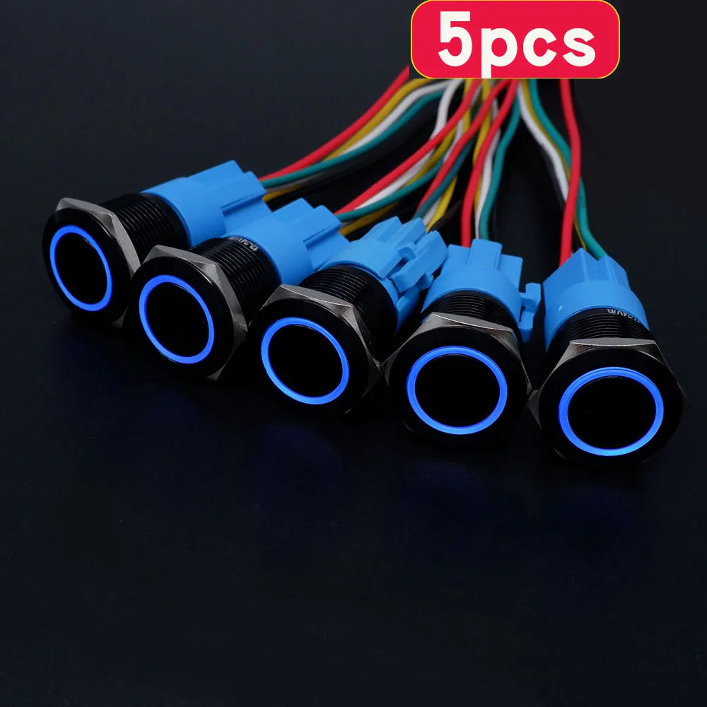 5pcs 16mm 19mm 22mm Metal Push Button Switch Momentary Latching Led Light Flat Head Red Blue Green Yellow White 5V 12V 24V 220V