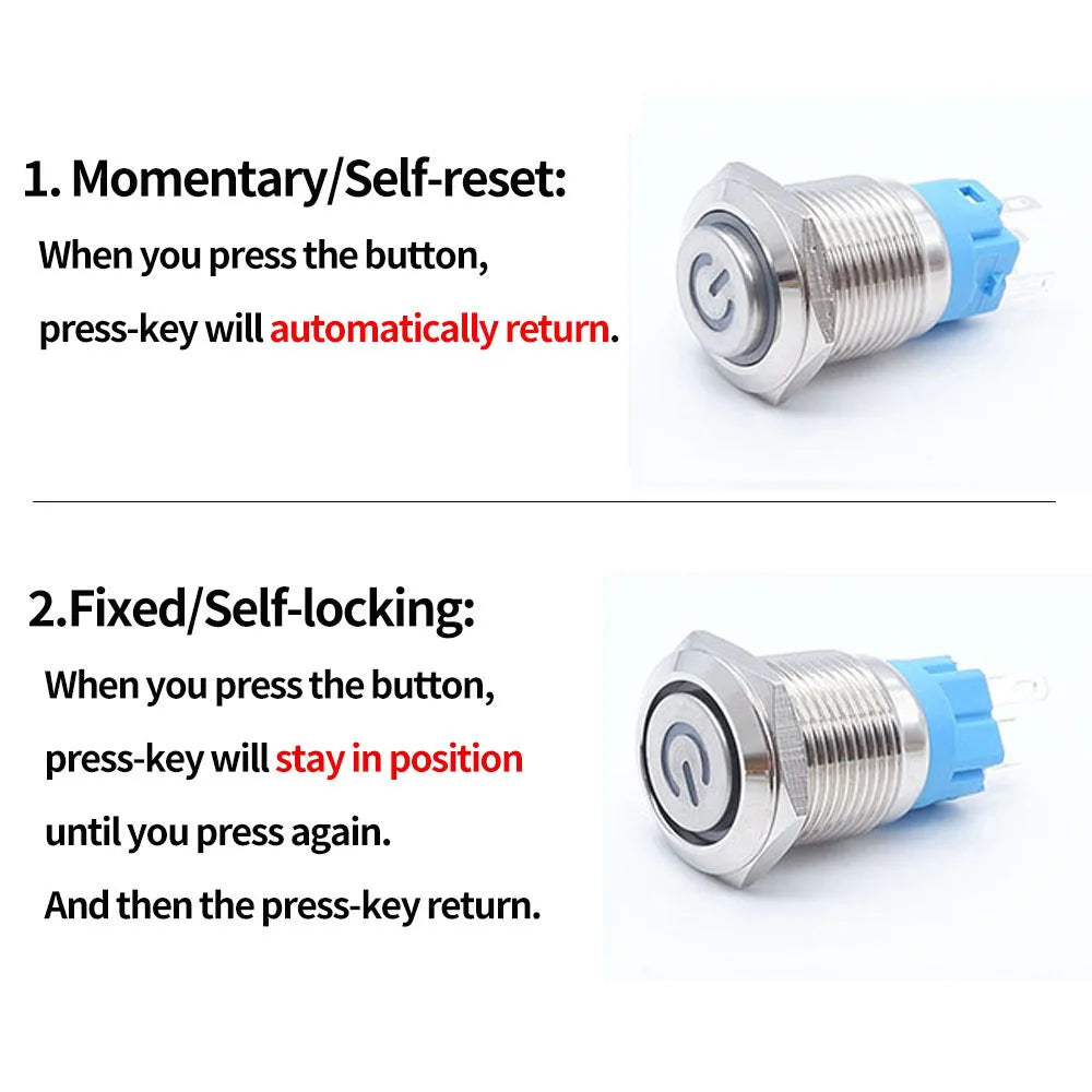 10pcs 16mm 19mm 22mm Metal Push Button Switch with Fixed PC Power Supply Switches Car Engine Momentary Latching LED 5v 12v 220v