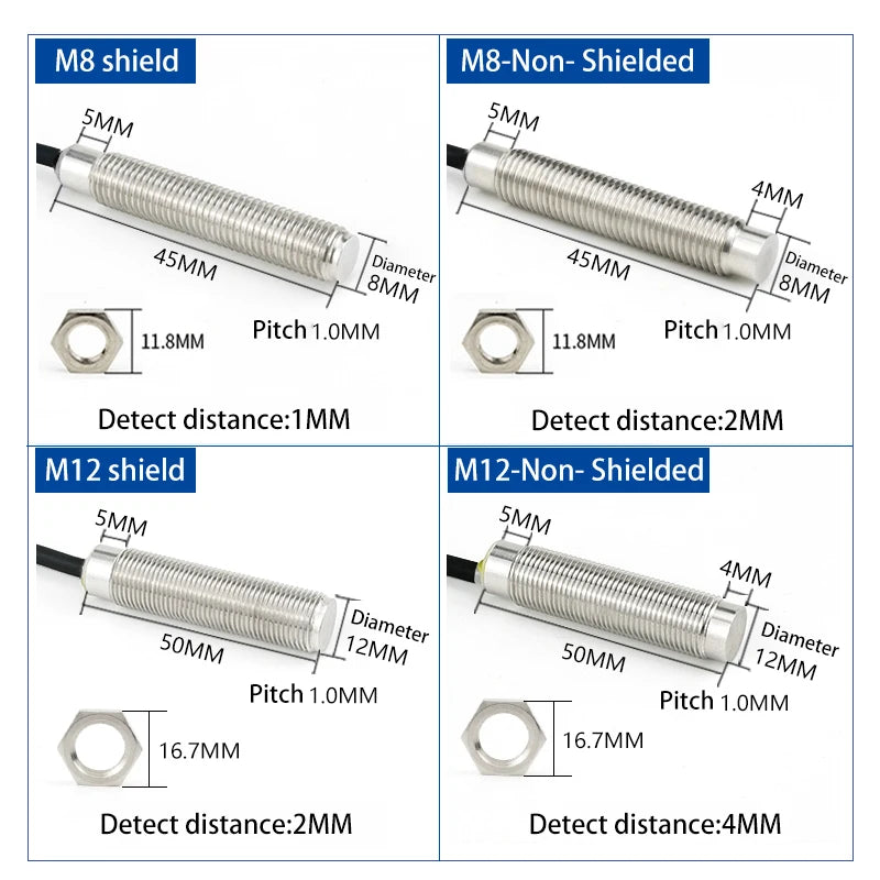 Cloweit M8/M12 All Metal Encapsulated Proximity Switch Sensor Inductive Three Wire NPN Normally Open