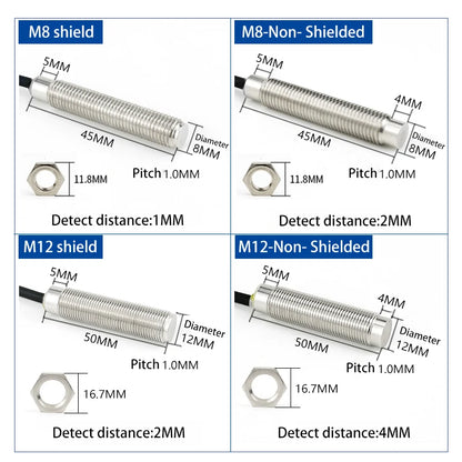 Cloweit M8/M12 All Metal Encapsulated Proximity Switch Sensor Inductive Three Wire NPN Normally Open